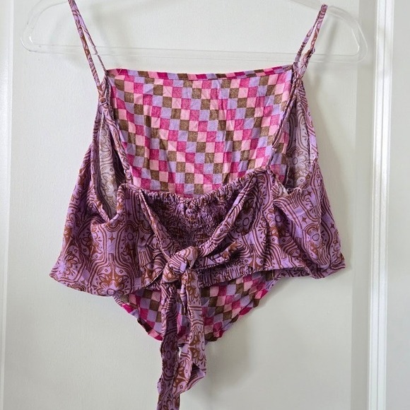 Women Crop Tank Top Checkered Paisley Handkerchief Hem Rayon Boho XL - Picture 3 of 6